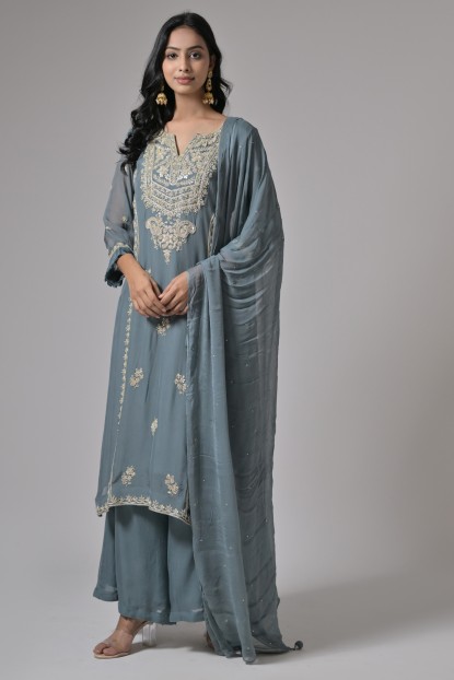 Organza Grey Embroidered Palazzo Suit